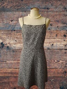 Black Floral Slip Dress with Cream Ditsy Print & Puka Shell Necklace